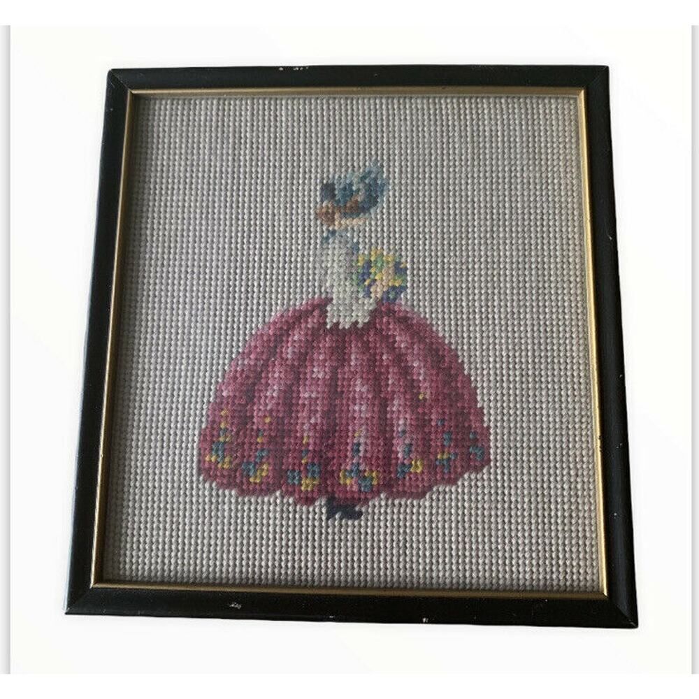 Vintage John Wanamaker Needlepoint Wood Frame Fine Art Women & Flowers Victorian